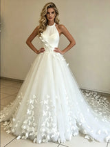 White Tulle Halter Butterfly Wedding Dress