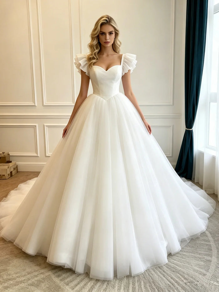 White Tulle Straps Wedding Dress