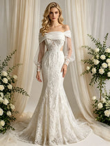 Beige White Mermaid Long Sleeve Appliques Wedding Dress