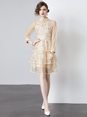 Long Sleeve Mesh Stitching Sequined Dress