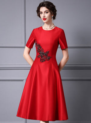 Red Satin Short Sleeve Mother Of The Bride Dress