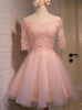 Pink Tulle Lace Short Sleeve Homecoming Dress