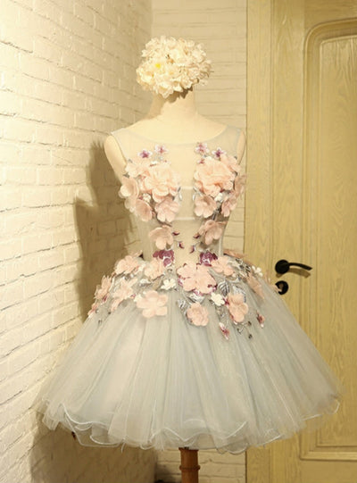 Gray Tulle 3D Appliques Homecoming Dress