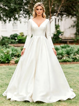 White Satin V-neck Long Sleeve Wedding Dress