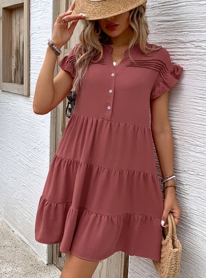 Simple Button Ruffled Casual Dress