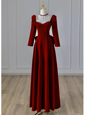 Burgundy Velvet Long Sleeve Bow Prom Dress