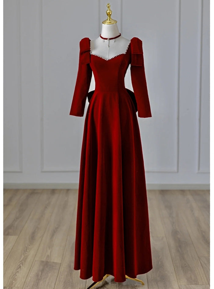 Burgundy Velvet Long Sleeve Bow Prom Dress