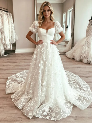 White Tulle Lace Puff Sleeve Wedding Dress