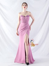Memraid Strapless Pleats Beading Split Prom Dress
