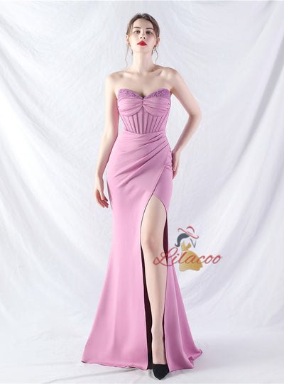 Memraid Strapless Pleats Beading Split Prom Dress