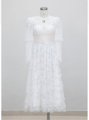 White Lace Long Sleeve V-neck Prom Dress