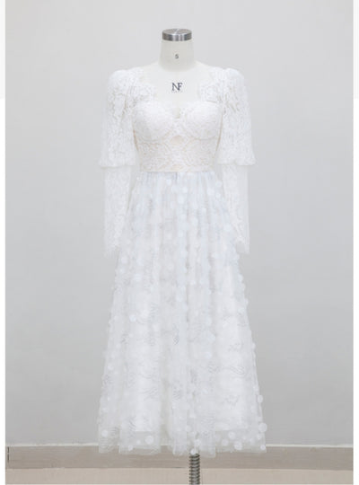 White Lace Long Sleeve V-neck Prom Dress