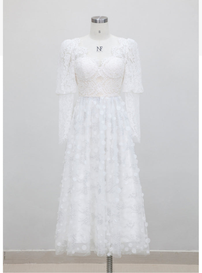 White Lace Long Sleeve V-neck Prom Dress