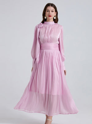 Pleated Silm Waist Long Bubble Sleeve Dress