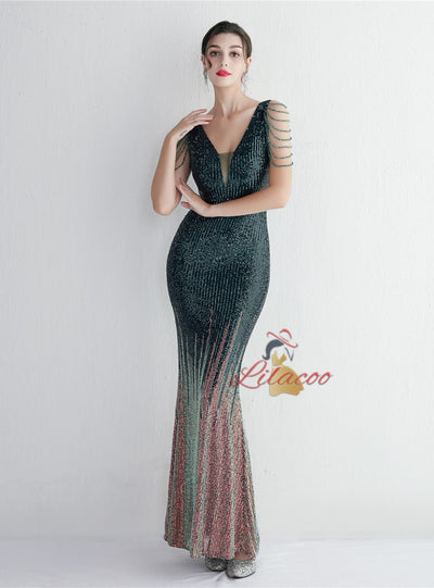 V-neck Sequins Beading Prom Dress