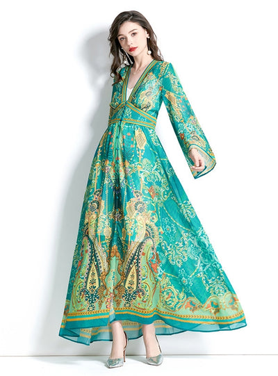 Long-sleeved V-neck Flared Sleeve Printed Dress