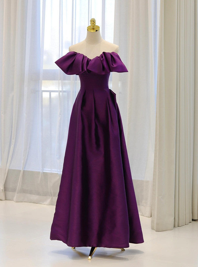 Purple Satin Off the Shoulder Prom Dress