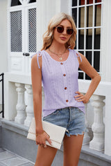 Solid Color Round Neck Button Drawstring T-Shirt