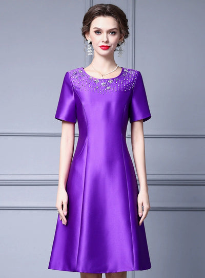 Purple Satin Short Sleeve Mother of the Bride Dress