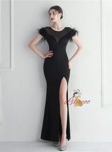 Blue Scoop Neck Split Feather Prom Dress