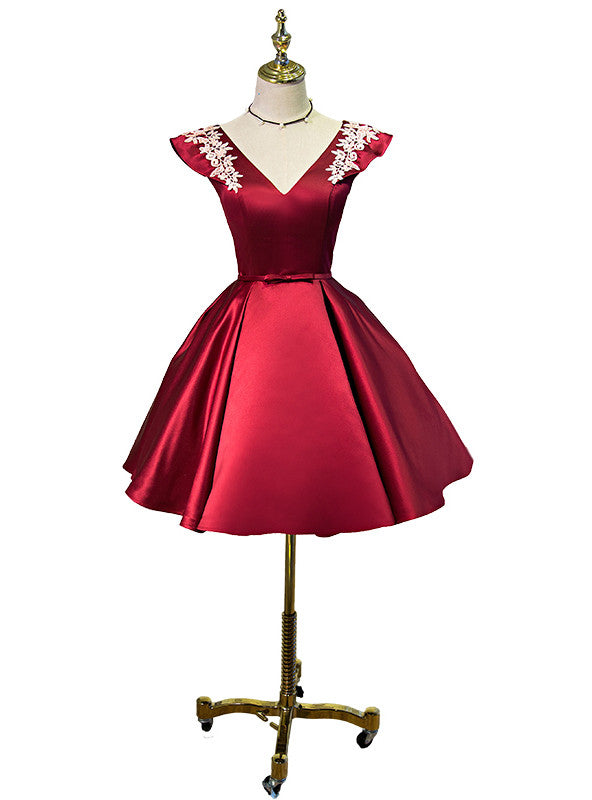 Burgundy Satin V-neck Homecoming Dresses
