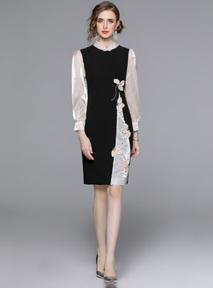 Long Sleeve Contrast Flower Beaded Dress