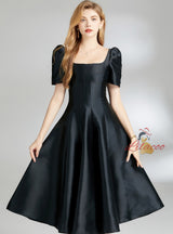 Solid Color Slim Waist Square Neck Dress