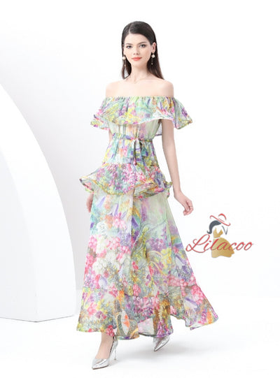 Printed Ruffled Chiffon Dress