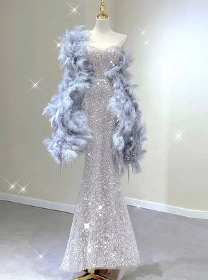 Silver Mermaid Sequins Prom Dress With Shawl