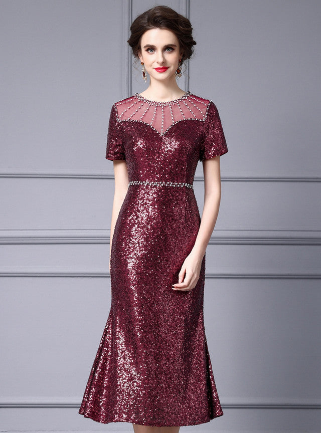 Gold Sequins Beading Short Sleeve Mother Of The Bride Dress