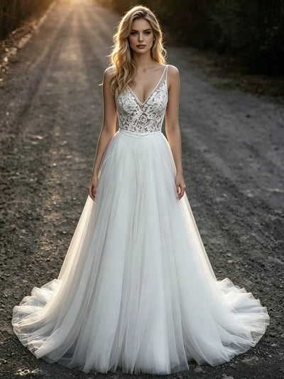 White Tulle Lace V-neck Wedding Dress