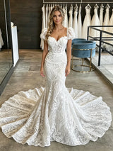 White Mermaid Lace Puff Sleeve Wedding Dress