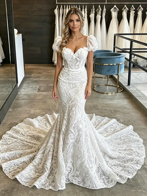 White Mermaid Lace Puff Sleeve Wedding Dress