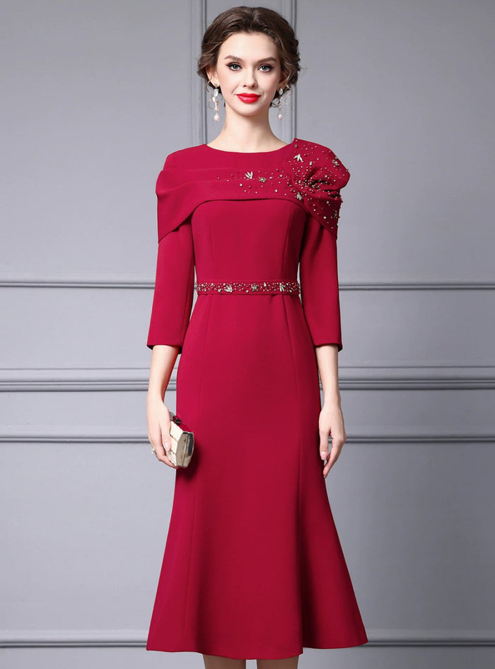 Burgundy Sheath Crystal Mother of the Bride Dress