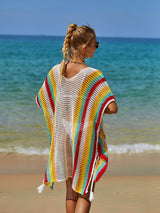 Rainbow Stitching Hollow Knit Tassel Bikini Cover Up