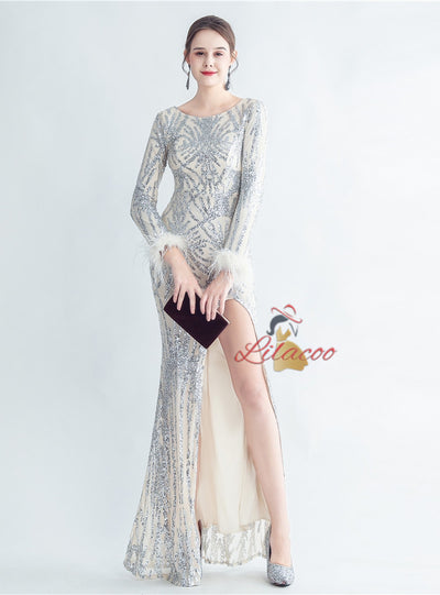 Long Sleeve Split Sequins Prom Dress
