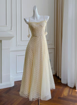 Yellow Straps Embroidery Prom Dress