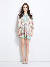 Retro Slim V-neck Breasted Printed Dress