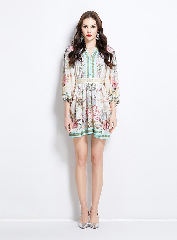 Retro Slim V-neck Breasted Printed Dress