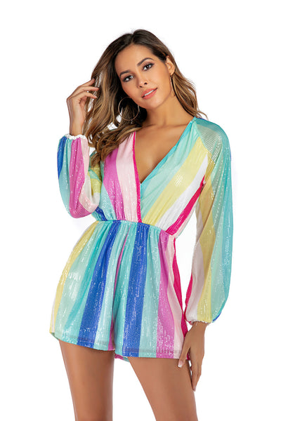 Deep V-neck Long Sleeve Striped Sequined Jumpsuit