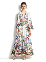 V-neck Slim Flared Sleeve Printed Long Dress