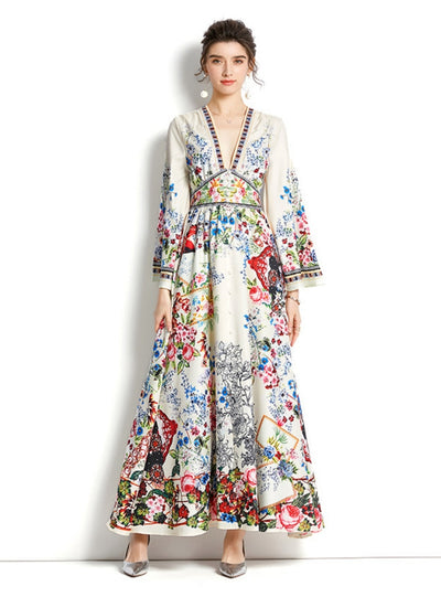 V-neck Slim Flared Sleeve Printed Long Dress