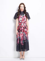 Pearl-breasted Slim Printed Chiffon Dress