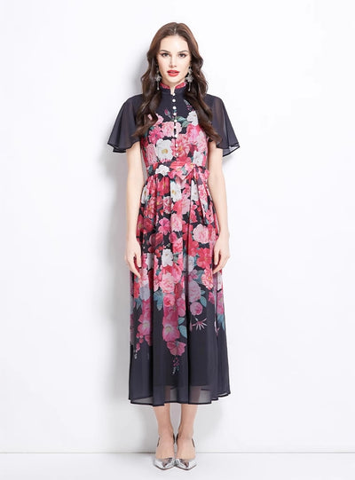 Pearl-breasted Slim Printed Chiffon Dress