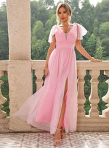 Pink Tulle V-neck Long Party Dress