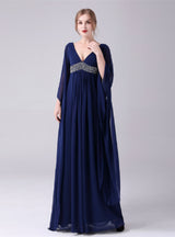 Navy Blue Deep V-neck High Waist Mother Of The Bride Dress