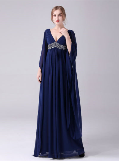 Navy Blue Deep V-neck High Waist Mother Of The Bride Dress