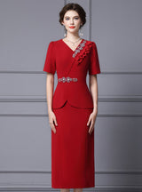 Red V-neck Short Sleeve Crystal Mother Of The Bride Dress