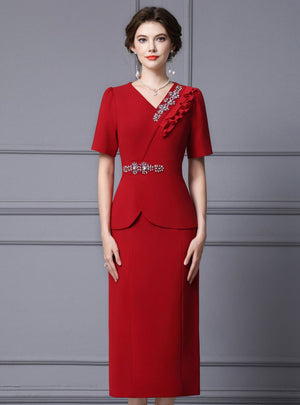 Red V-neck Short Sleeve Crystal Mother Of The Bride Dress