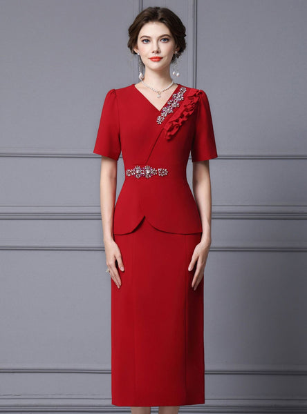 Red V-neck Short Sleeve Crystal Mother Of The Bride Dress